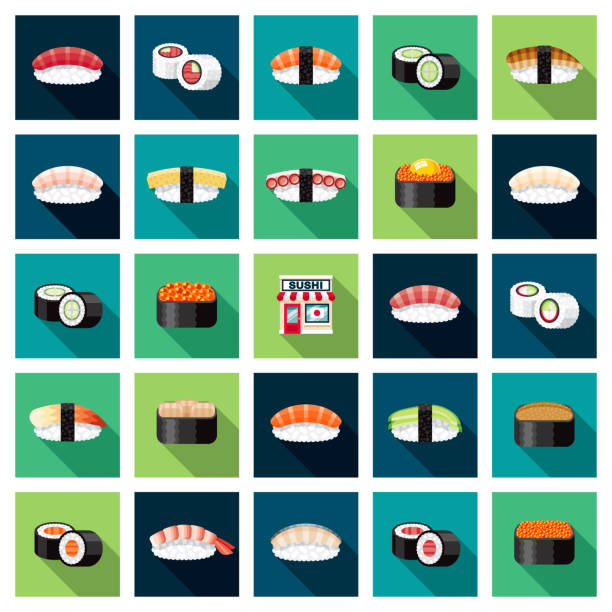 sushi restaurant icon set - sake nigiri stock-grafiken, -clipart, -cartoons und -symbole