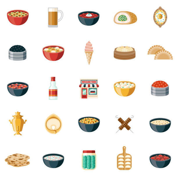russisches restaurant icon set - kartoffelknödel essen stock-grafiken, -clipart, -cartoons und -symbole