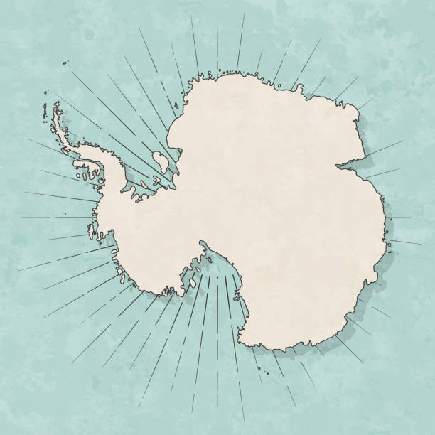 Antarctica map in retro vintage style - Old textured paper Map of Antarctica in a trendy vintage style. Beautiful retro illustration with old textured paper and light rays in the background (colors used: blue, green, beige and black for the outline). Vector Illustration (EPS10, well layered and grouped). Easy to edit, manipulate, resize or colorize. south pole stock illustrations