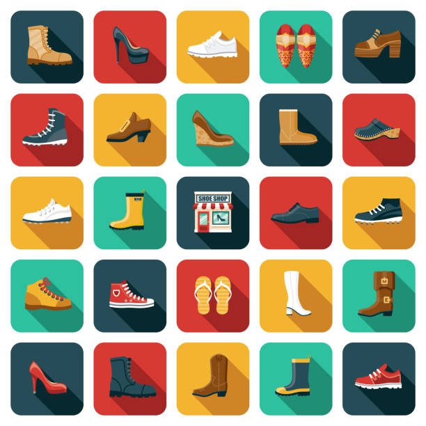 illustrazioni stock, clip art, cartoni animati e icone di tendenza di set di icone negozio di scarpe - anfibio