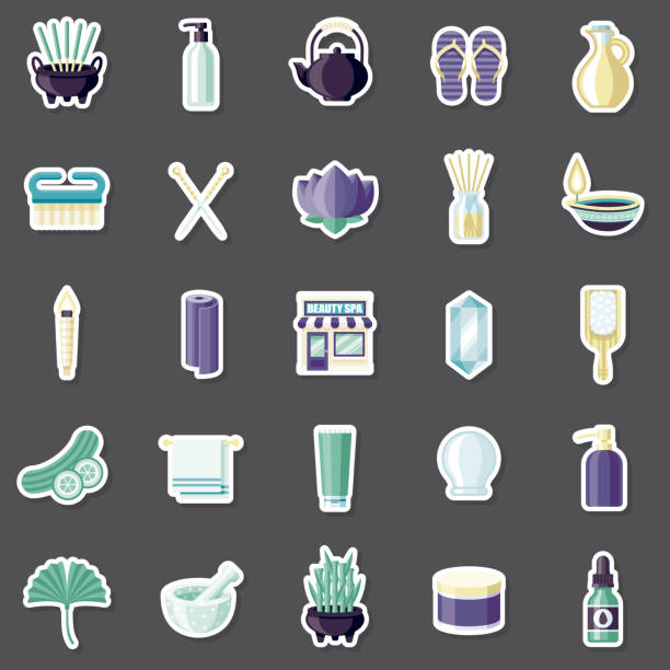 Spa Sticker Set A set of flat design spa and relaxation icons. File is built in the CMYK color space for optimal printing. Color swatches are global so it’s easy to edit and change the colors. acupuncture mat stock illustrations