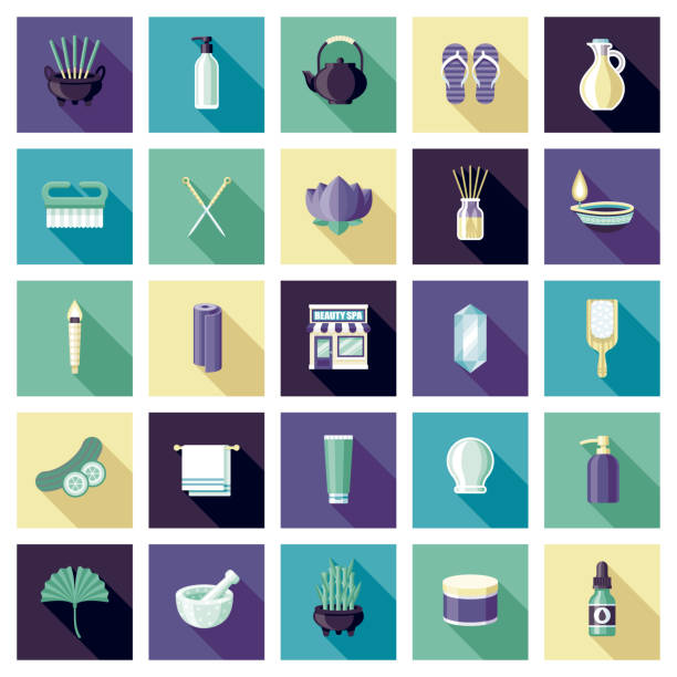 Spa Icon Set A set of flat design spa and relaxation icons. File is built in the CMYK color space for optimal printing. Color swatches are global so it’s easy to edit and change the colors. acupuncture mat stock illustrations