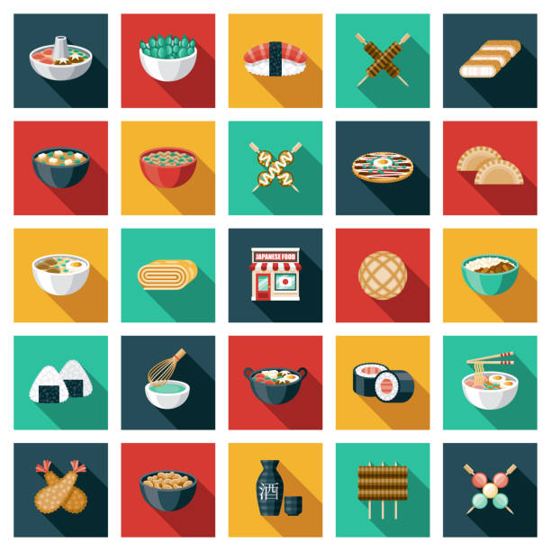 ilustraciones, imágenes clip art, dibujos animados e iconos de stock de conjunto de iconos de restaurantes japoneses - fish cutlet