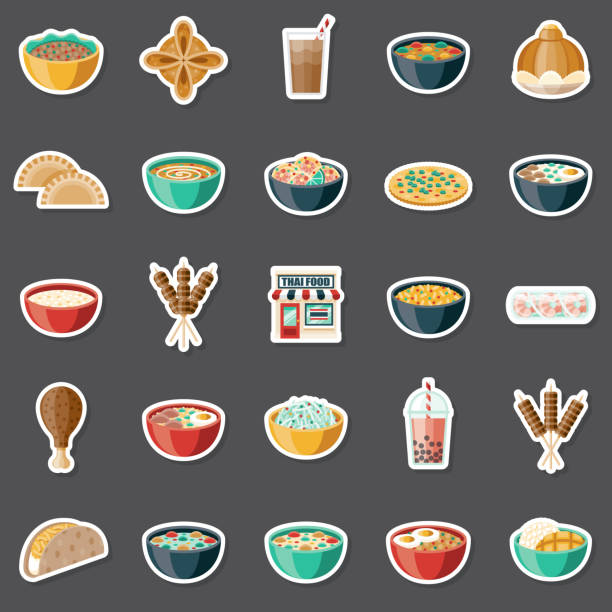 Thai Food Sticker Set A set of flat design Thai restaurant icons. File is built in the CMYK color space for optimal printing. Color swatches are global so it’s easy to edit and change the colors. pad thai stock illustrations