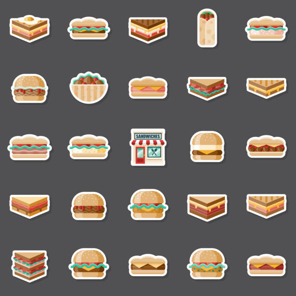 illustrations, cliparts, dessins animés et icônes de ensemble d’autocollants de magasin de sandwich - club sandwich picto