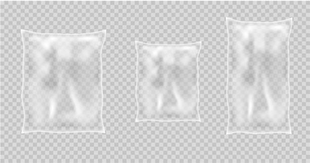 istock Set of realistic pillow package for food. Transparent blank slim pouch. Stock vector illustration on transparent isolated background. 1273375310
