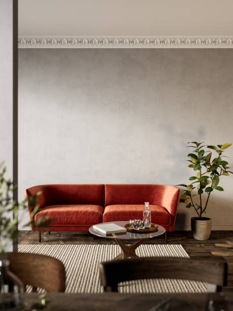 istock Interior with orange sofa, plants and carpet. 3d render illustration mock up. 1273376744