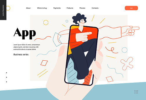 Business topics -mobile application, web template, header. Flat style modern outlined vector concept illustration. A hand holding a smartphone with young man, pointing the direction. Business metaphor