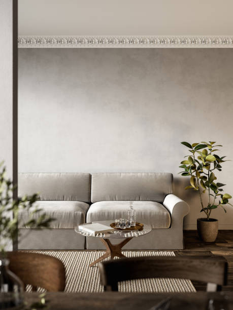 istock Interior with gray sofa, plants and carpet. 3d render illustration mock up. 1273377315