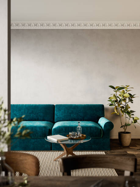 istock Interior with green sofa, plants and carpet. 3d render illustration mock up. 1273377420