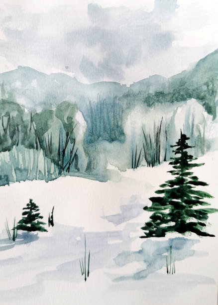 illustrations, cliparts, dessins animés et icônes de paysage d’aquarelle d’hiver avec un bel arbre au premier plan - forest road nature birch tree