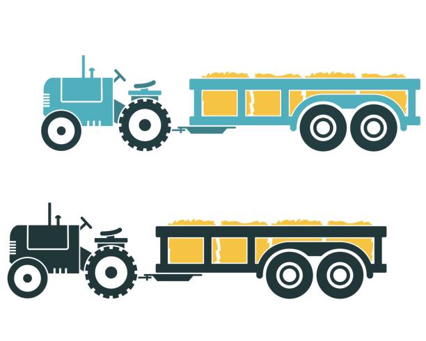 Vintage Tractor Hayride Vector Illustration Set Blue and black retro tractor pulling trailer with hay bales lawn mower clip art stock illustrations