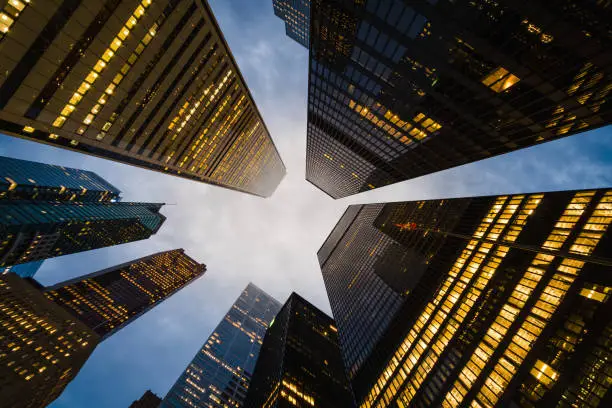 Photo of Business and Finance Concept, Looking Up at Modern High Ride Buildings in Financial District