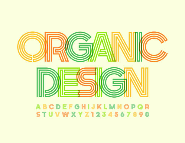 ilustrações de stock, clip art, desenhos animados e ícones de vector creative label organic design. colorful art alphabet letters and numbers - creative sustainability