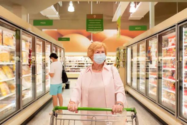 Senior woman shopping in a supermarket wearing a face mask for protection from covid-19 virus.