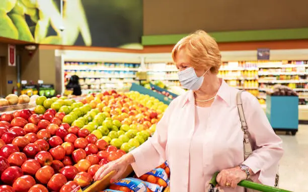 Senior woman shopping for produce in a supermarket wearing a face mask for protection from covid-19 virus.