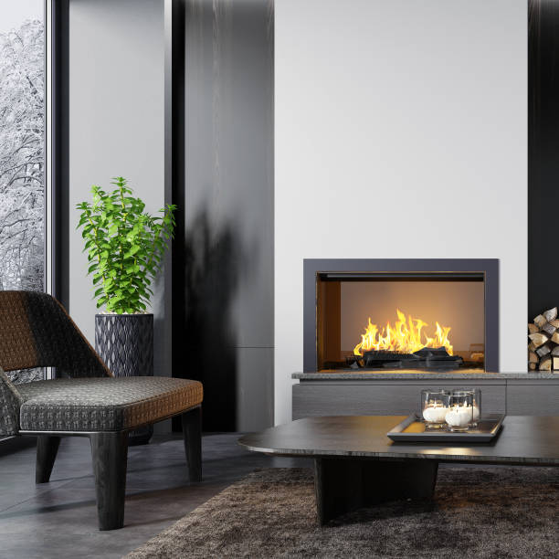 istock Modern minimalist apartment interior living room with fireplace 1273393569