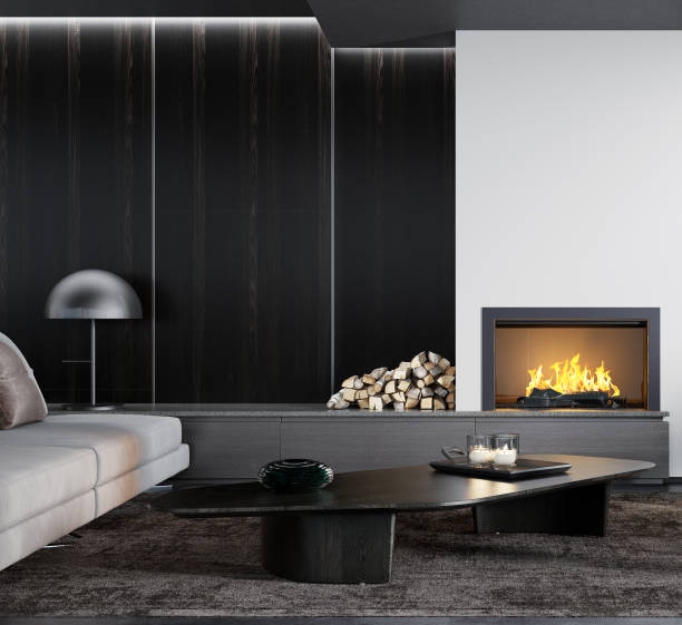 istock Modern minimalist apartment interior living room with fireplace 1273393570