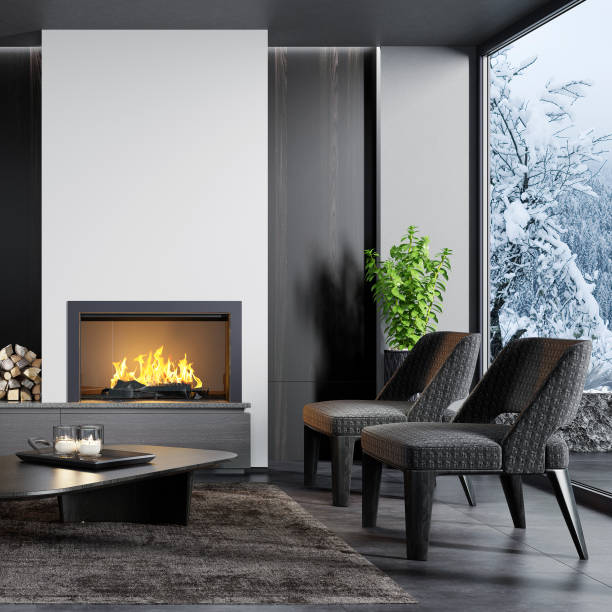 istock Modern minimalist apartment interior living room with fireplace 1273393573