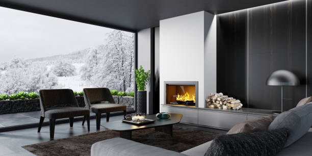 salon intérieur minimaliste moderne d’appartement avec cheminée - winter palace photos et images de collection