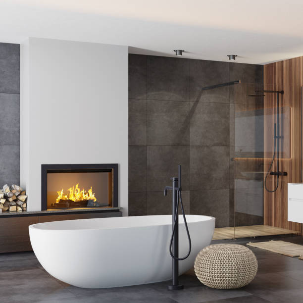 istock Modern Scandinavian bathroom with fireplace 1273393575