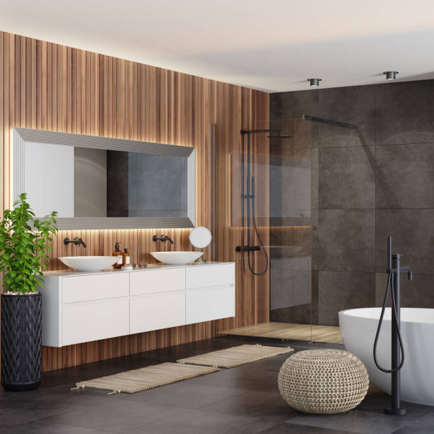 istock Modern Scandinavian bathroom with fireplace 1273393697