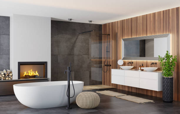 istock Modern Scandinavian bathroom with fireplace 1273393698