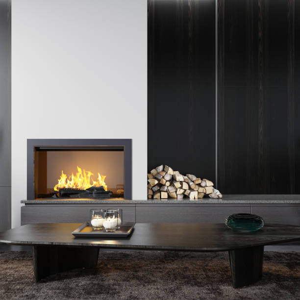 istock Modern minimalist apartment interior living room with fireplace 1273393700