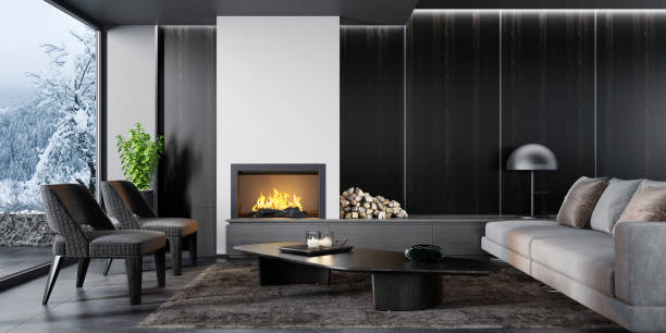 istock Modern minimalist apartment interior living room with fireplace 1273393701