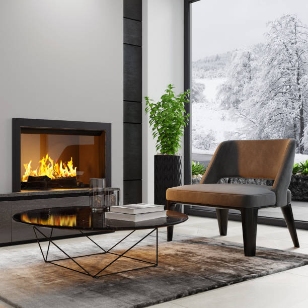 istock Modern minimalist apartment interior living room with fireplace 1273394371