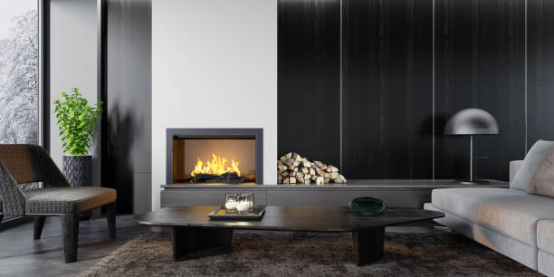 istock Modern minimalist apartment interior living room with fireplace 1273394372