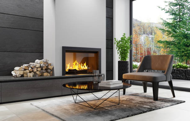 istock Modern minimalist apartment interior living room with fireplace 1273394374
