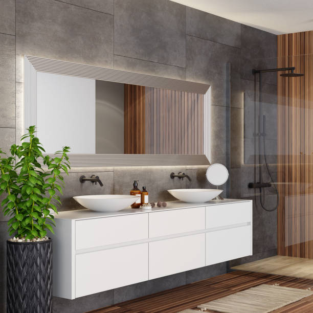 istock Modern Scandinavian bathroom with fireplace 1273394375
