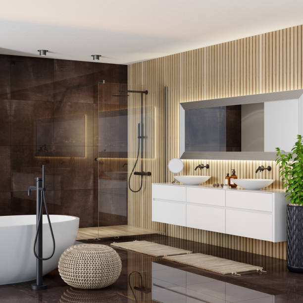 istock Modern Scandinavian bathroom with fireplace 1273394380