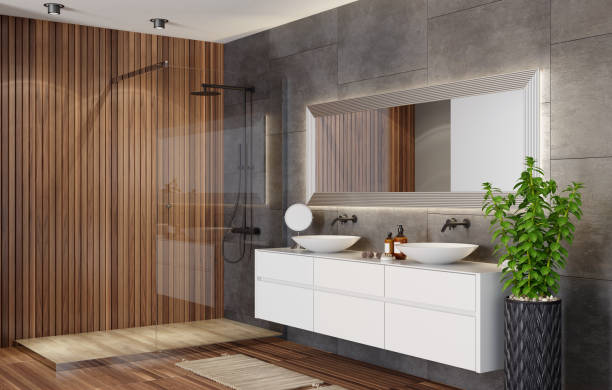 moderno baño escandinavo con chimenea - hotel clean home interior bathroom fotografías e imágenes de stock