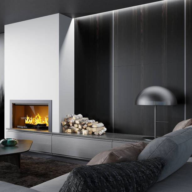 istock Modern minimalist apartment interior living room with fireplace 1273394561