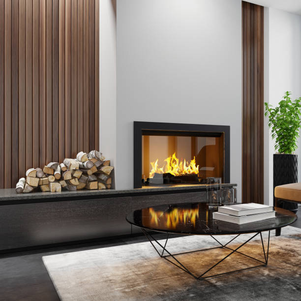 istock Modern minimalist apartment interior living room with fireplace 1273394563