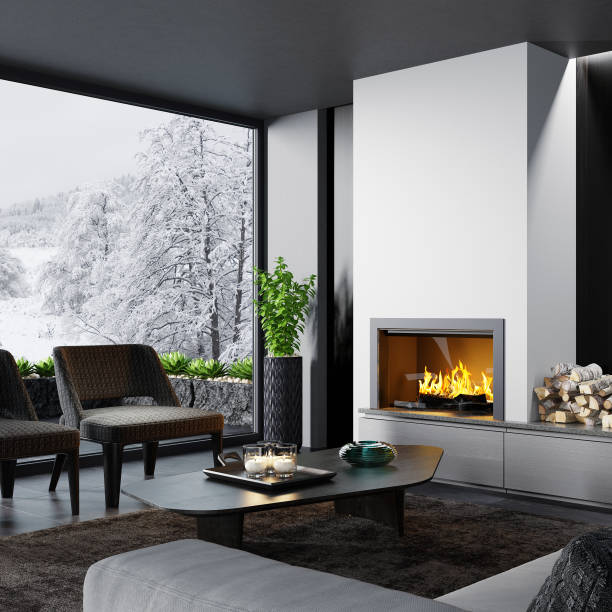 istock Modern minimalist apartment interior living room with fireplace 1273394609