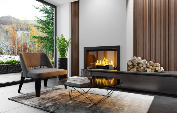 istock Modern minimalist apartment interior living room with fireplace 1273395198
