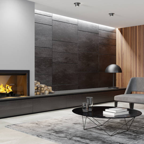 istock Modern minimalist apartment interior living room with fireplace 1273395199