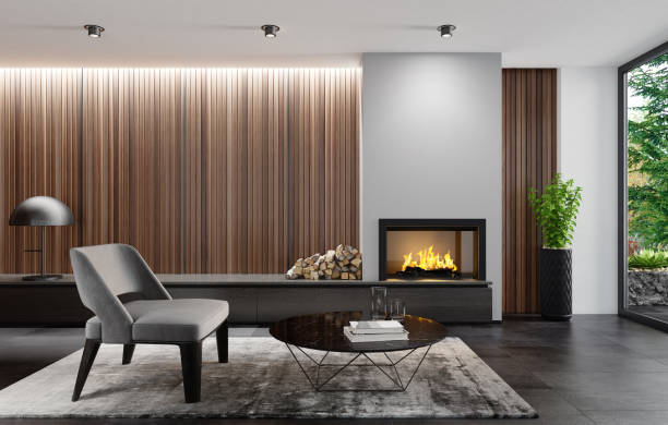 istock Modern minimalist apartment interior living room with fireplace 1273395271
