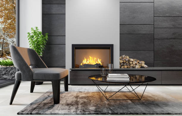 istock Modern minimalist apartment interior living room with fireplace 1273395396