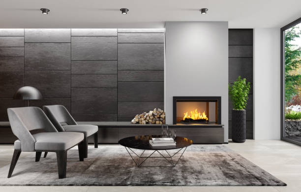 istock Modern minimalist apartment interior living room with fireplace 1273395434