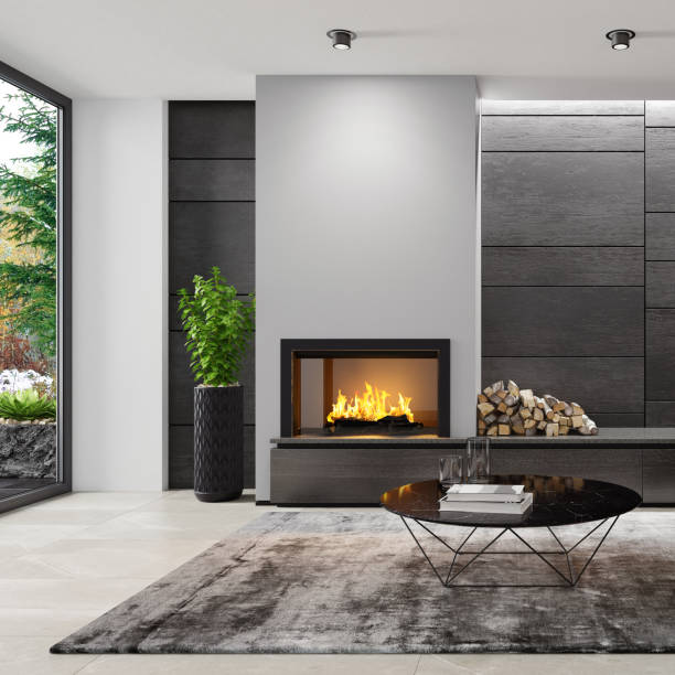 istock Modern minimalist apartment interior living room with fireplace 1273395483
