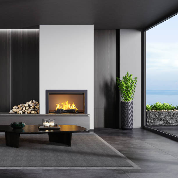 istock Modern minimalist apartment interior living room with fireplace 1273395523