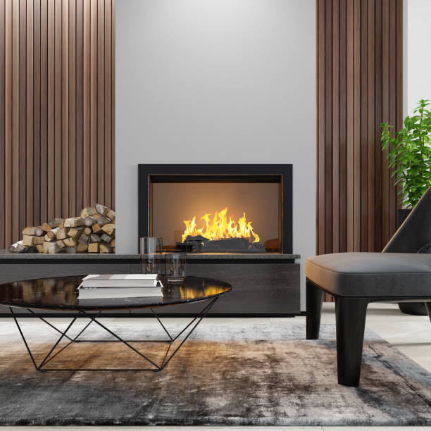istock Modern minimalist apartment interior living room with fireplace 1273395525