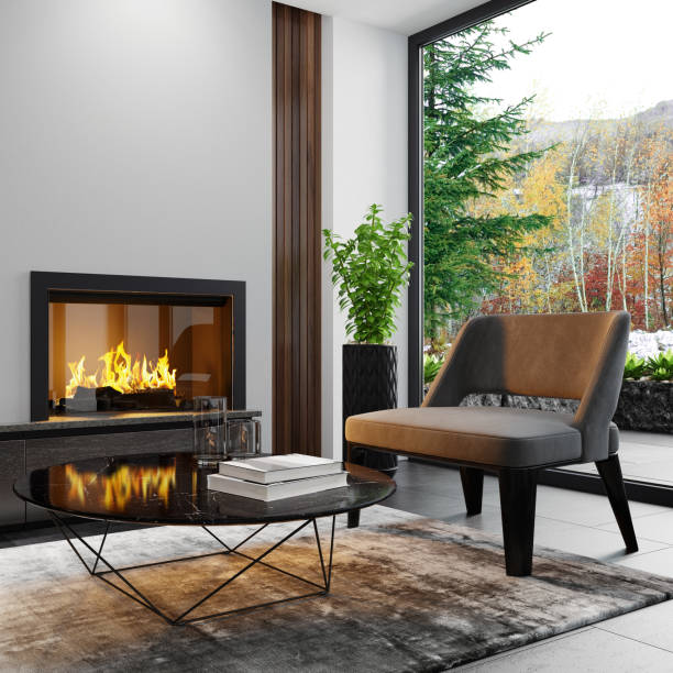 istock Modern minimalist apartment interior living room with fireplace 1273395526