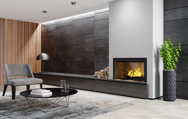 istock Modern minimalist apartment interior living room with fireplace 1273395568