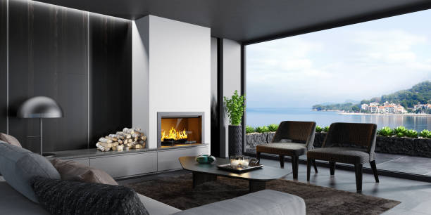 istock Modern minimalist apartment interior living room with fireplace 1273395569
