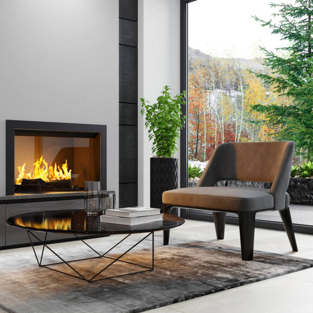 istock Modern minimalist apartment interior living room with fireplace 1273396112